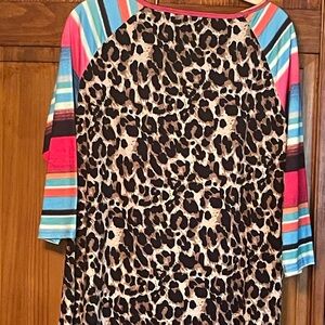 Leopard Print Long Sleeve Top with Striped Sleeves